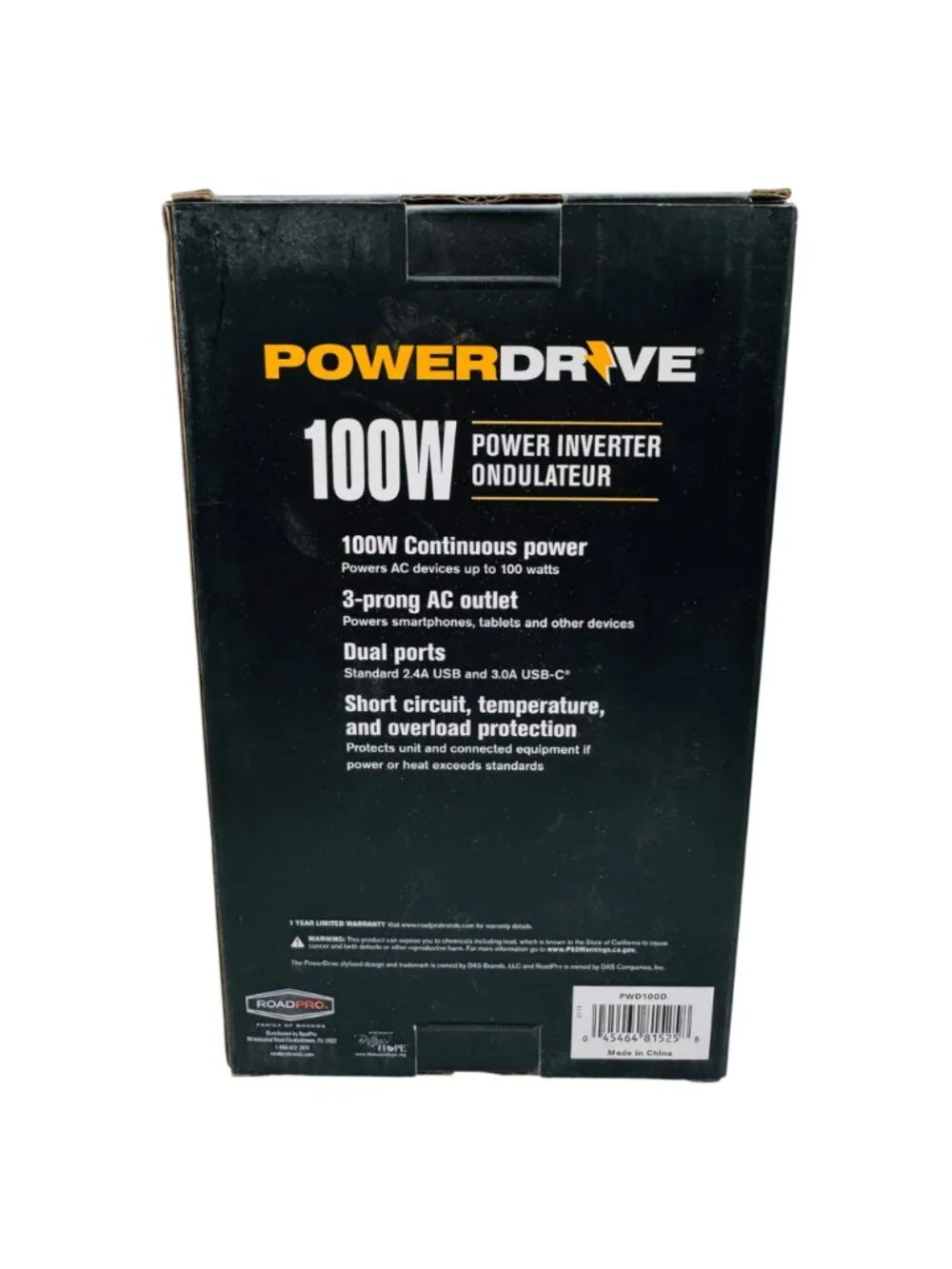 RoadPro PowerDrive 100W Power Inverter With 1 AC Outlet USB And USB-C Port PWD10